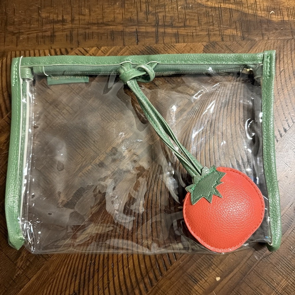Luxe + willow Clear Green Trim makeup bag With Red Tomato Charm Zipper